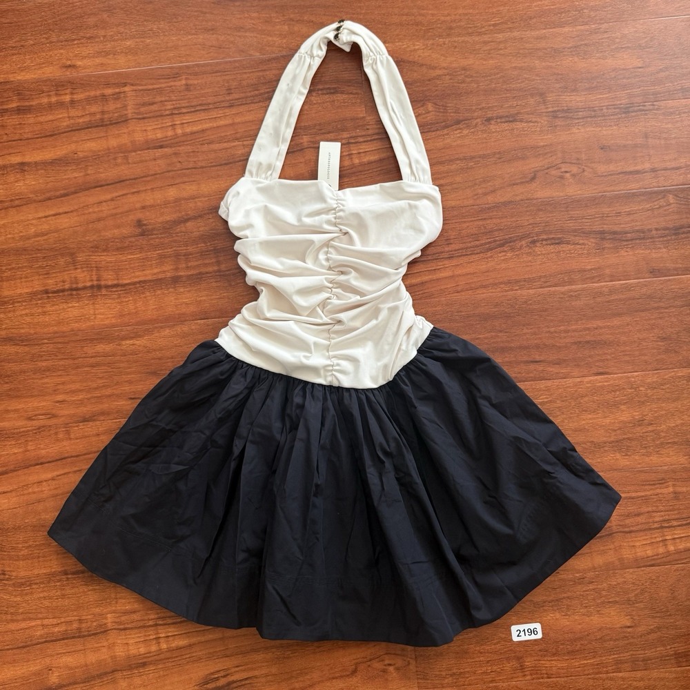 NWT Anthropologie Maeve Halter Twofer Black White Mini Dress Ruched Sz